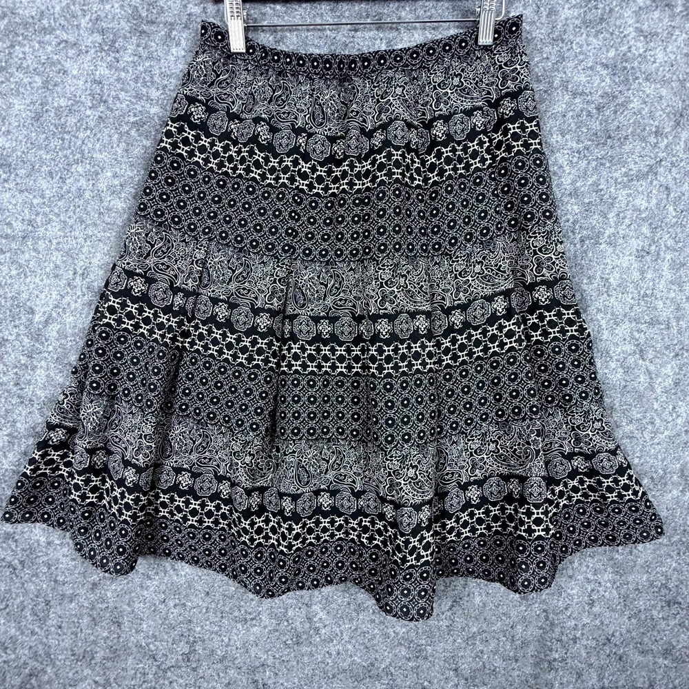 Womens A-Line Skirt 10 Petite Black White Aztec Print Office Chic Boho Minimal